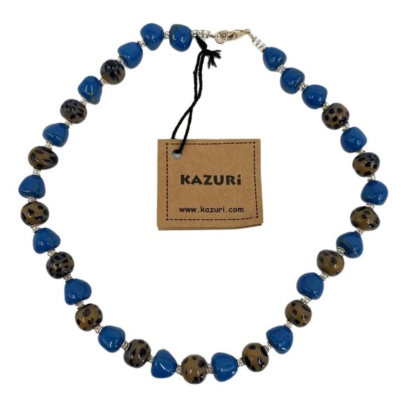 Kazuri Blue Brown Beaded Kenyan Clay Necklace | New With Tags - Picture 1 of 7